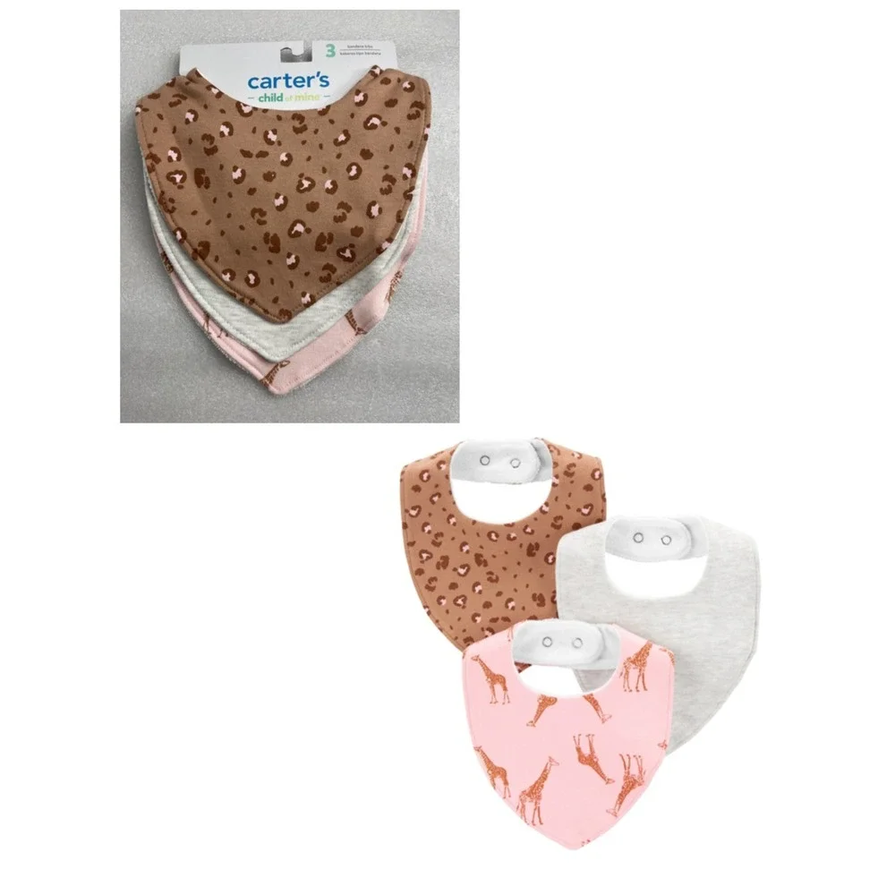 Carter's Child of Mine Baby Bandana Bibs Cheetah Giraffe 3-Pack Snap Closure NEW